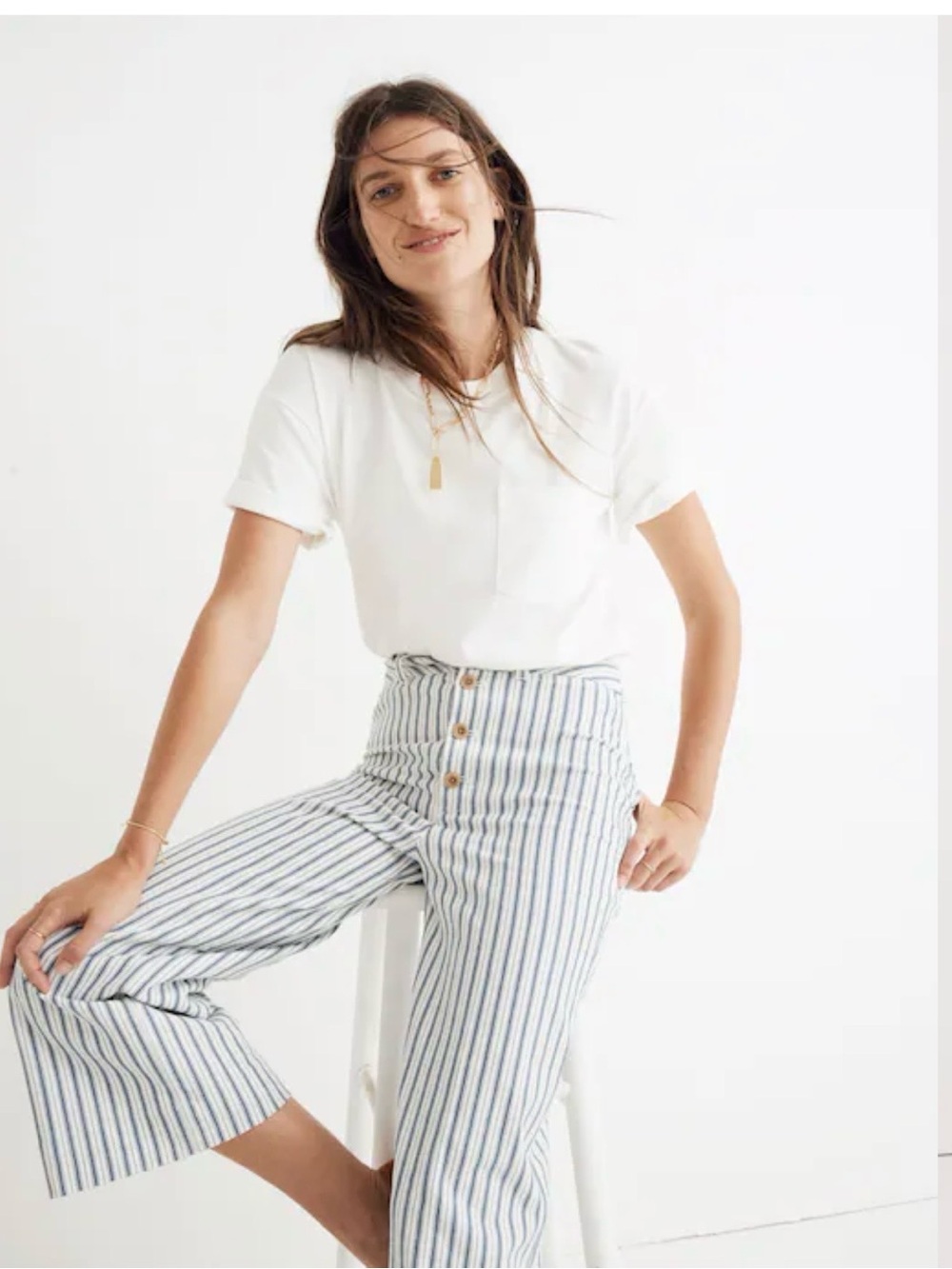 Madewell Emmit Wide Leg Cropped Pants White and Blue